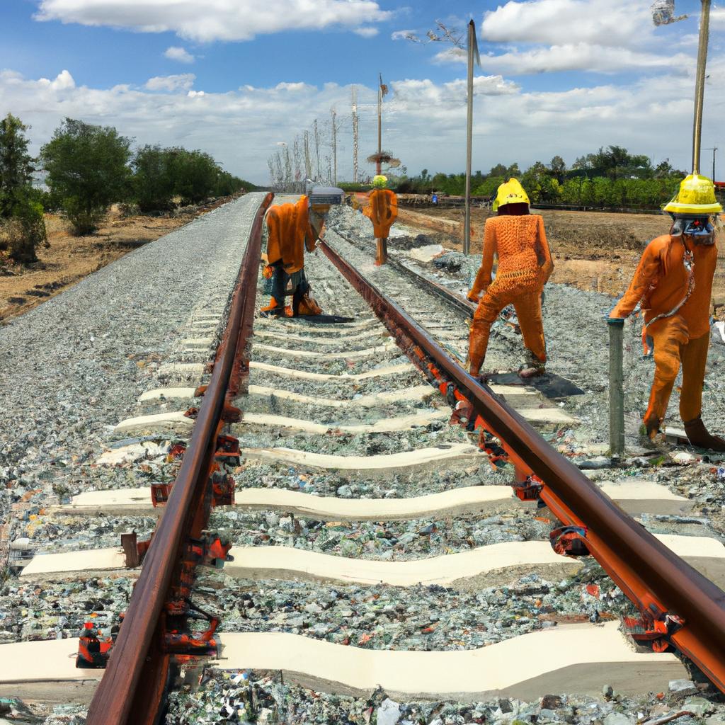 Construction workers install tracks for a new railway line in Thailand.