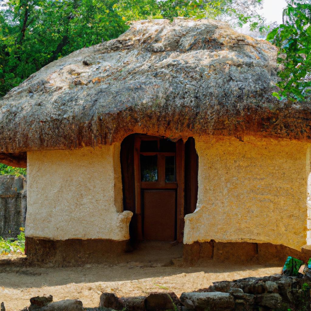The thatched roof and small veranda give this mud house a cozy feel.