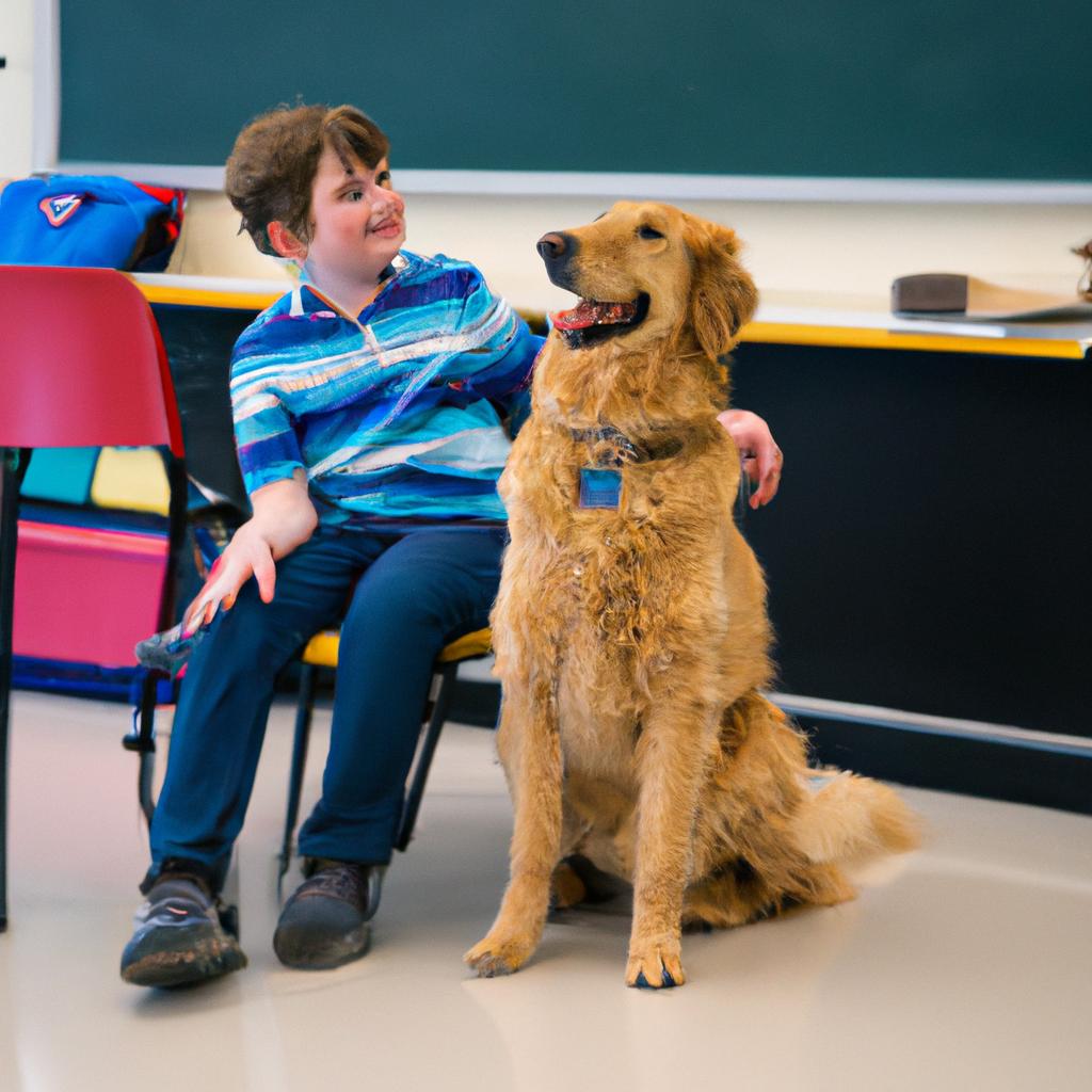 A therapy dog helping students feel more comfortable and focused in a classroom setting