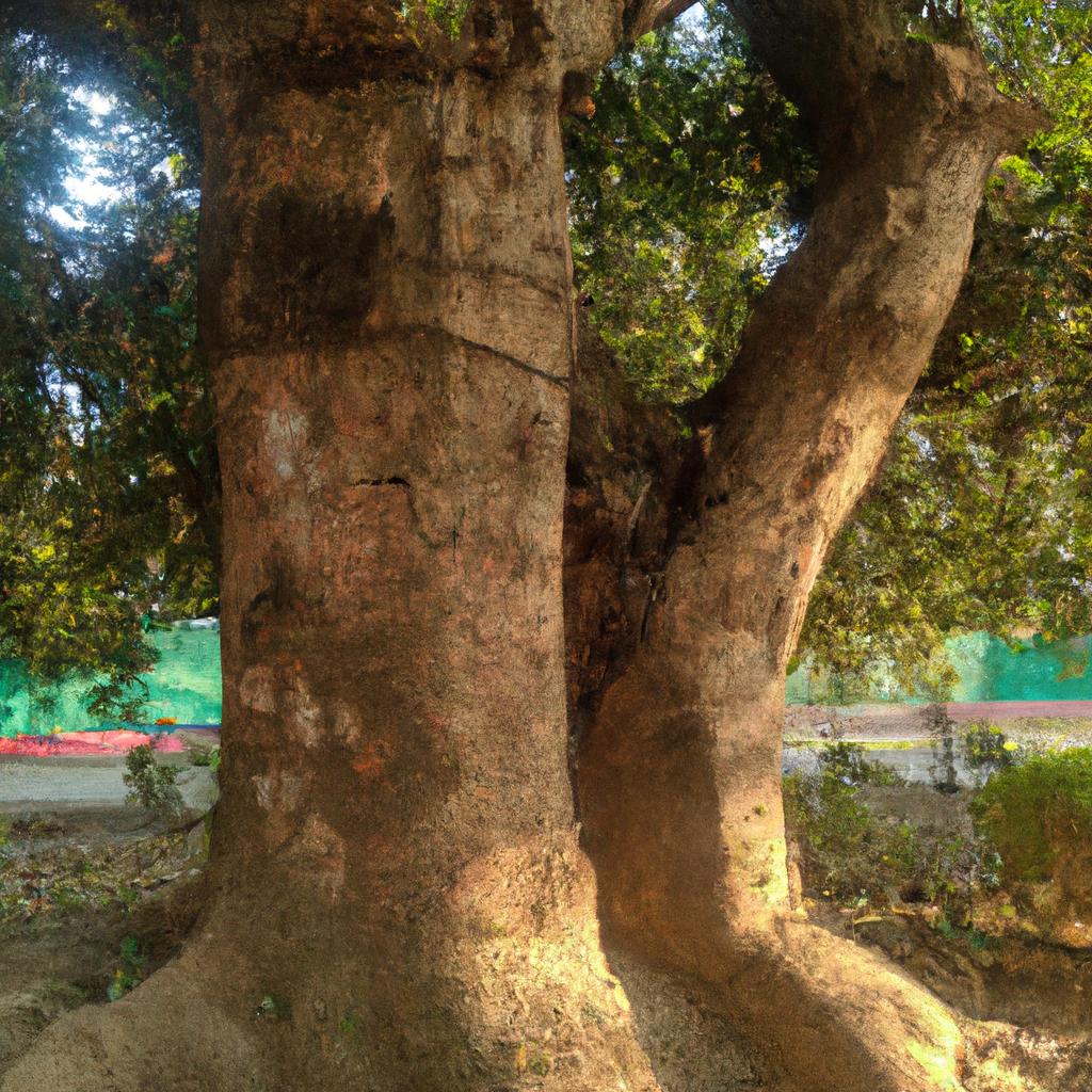 The impressive thickness of this garden tree's trunk gives it a majestic look and adds a sense of grandeur to any landscape