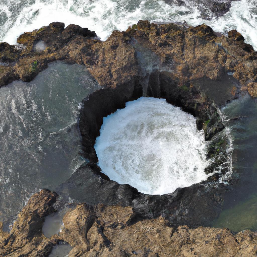 The unique circular shape of Thor's Well is visible from above in this breathtaking aerial shot.