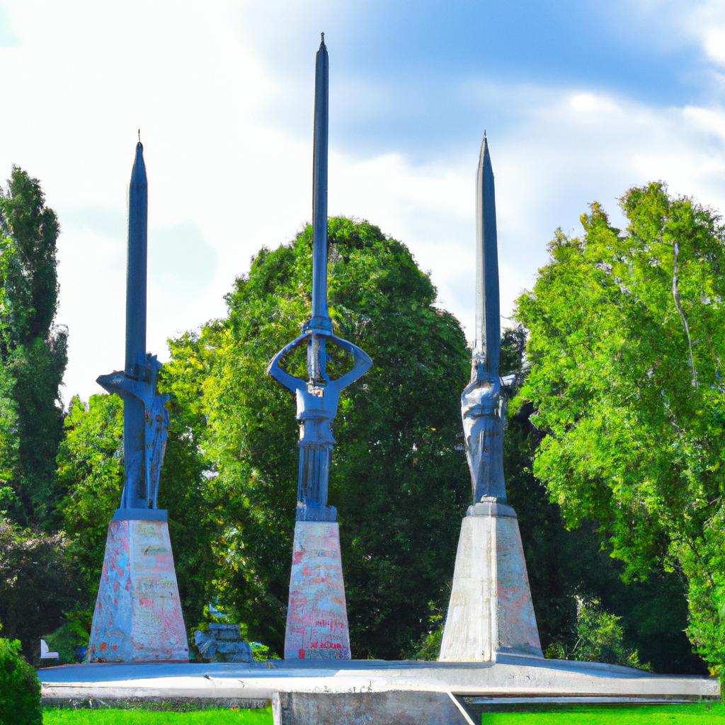 The Three Swords Monument is set against a backdrop of lush greenery, creating a tranquil and serene atmosphere.