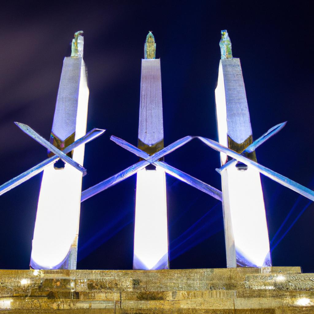 The Three Swords Monument takes on a different persona at night, illuminated by the soft glow of the streetlights.