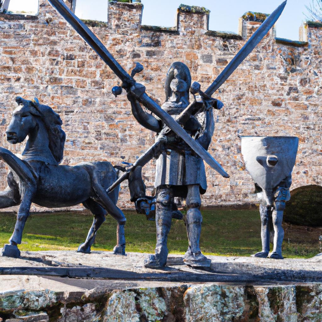 The three swords statue welcomes visitors to a castle steeped in history and legend.