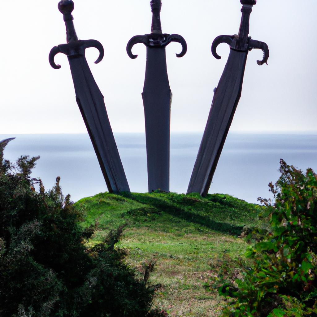 The three swords statue stands tall on a hilltop with a breathtaking view of the ocean.