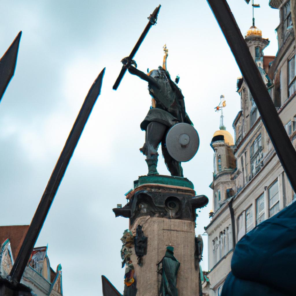The three swords statue presides over a lively market square filled with vendors and shoppers.