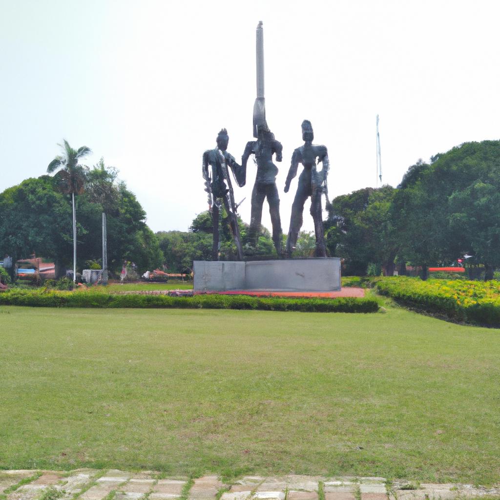 The three swords statue stands in a peaceful park surrounded by lush greenery and tranquil ponds.
