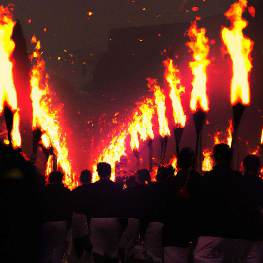 People carrying torches during the fire man festival parade.