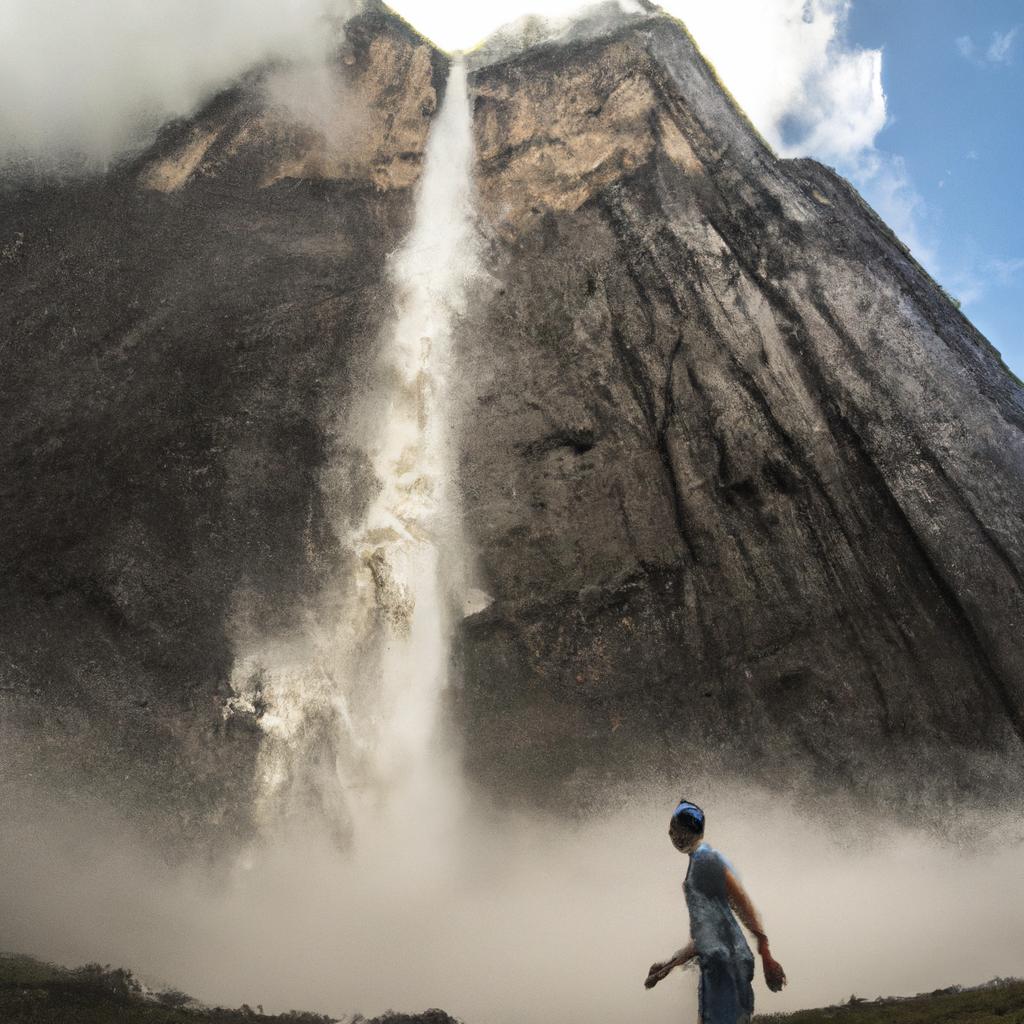 The sheer size of Salto Angel is apparent in this photo of a tourist standing at the base and looking up at the waterfall.