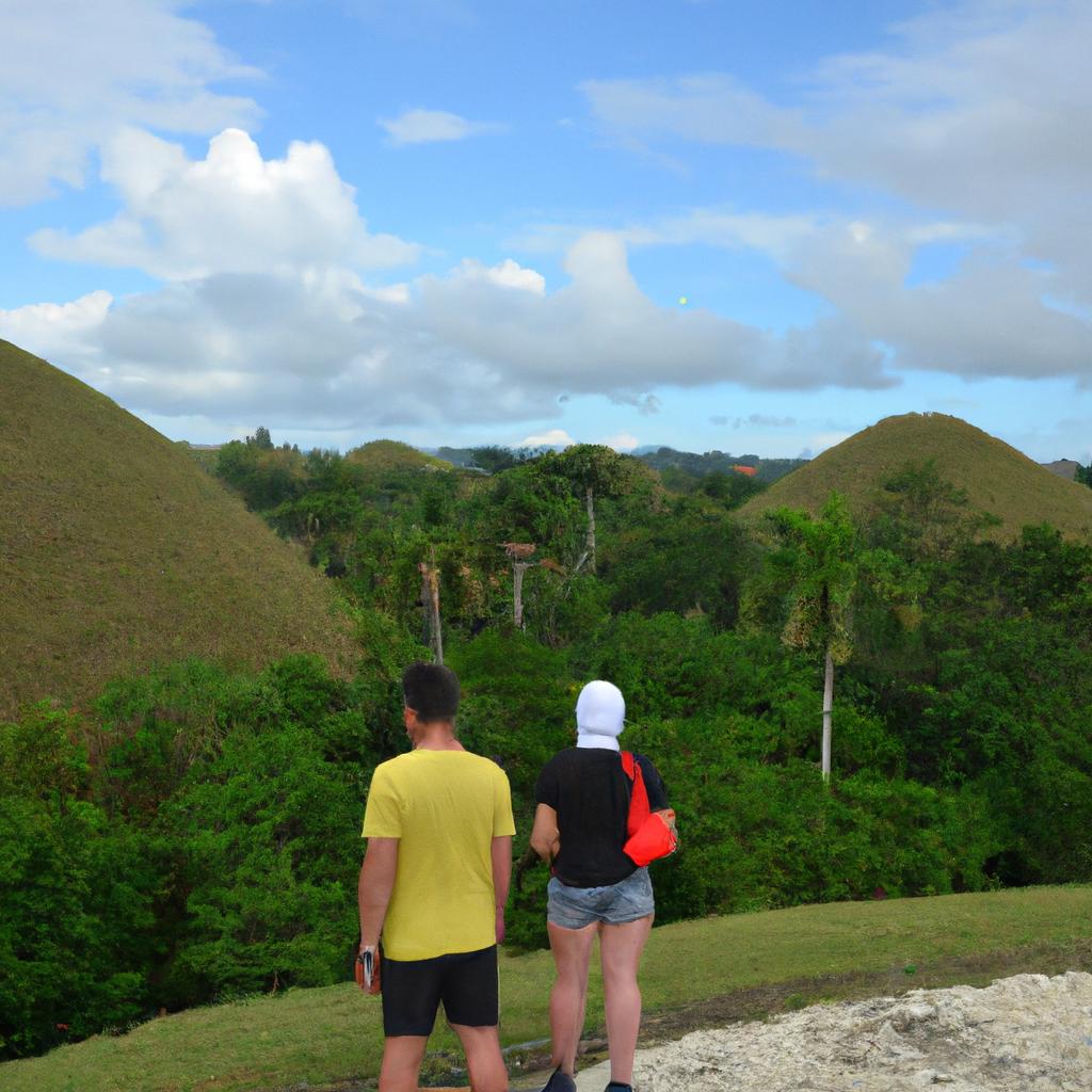 Tourists take a break from exploring the Chocolate Hills in Bohol, Philippines to admire the stunning landscape.