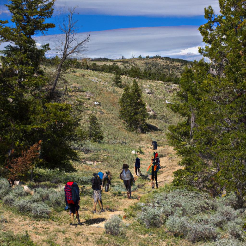 Tourists enjoying the scenic hiking trails around Devils Mountain Wyoming.