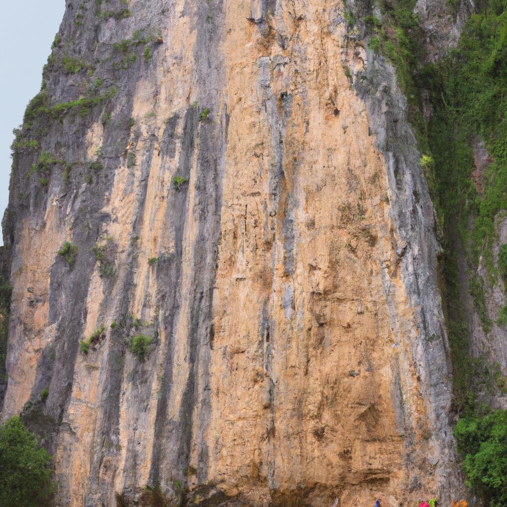 Tourists stand at the base of a massive limestone pillar.