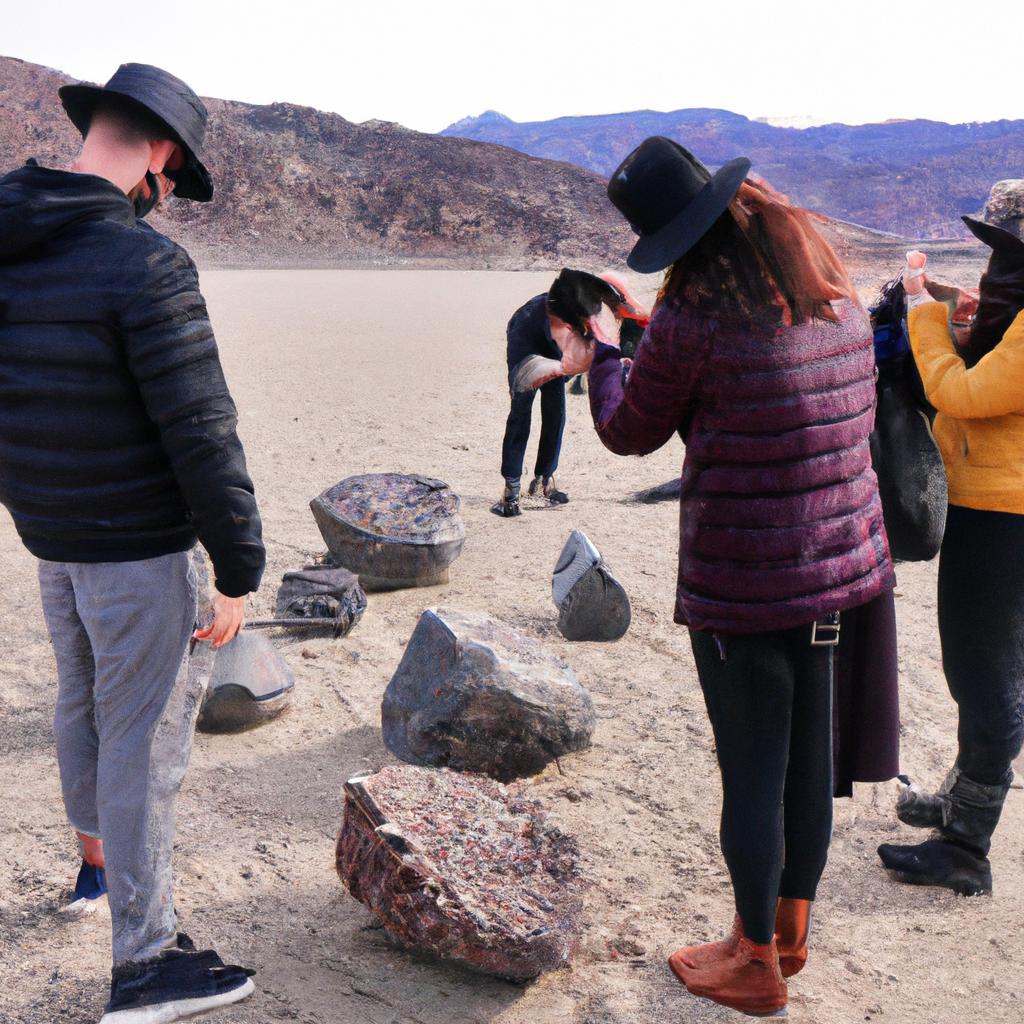 Tourists observe the mysterious moving stones in Death Valley