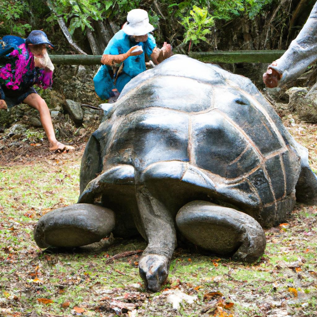 Tourists observing a giant tortoise in Seychelles.