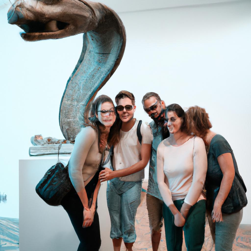 Visitors admiring a massive snake sculpture at the museum