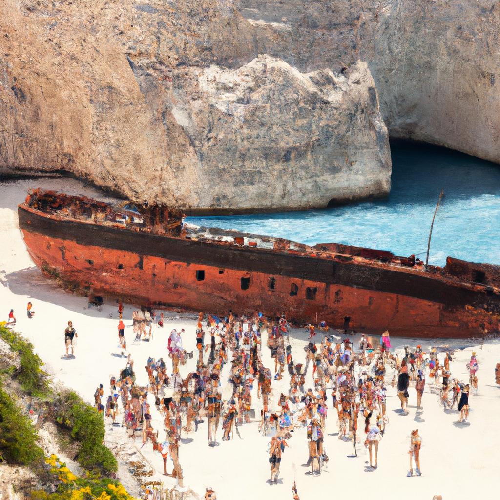 Tourists from all over the world come to enjoy the sun and sand at Zakynthos Shipwreck Beach.