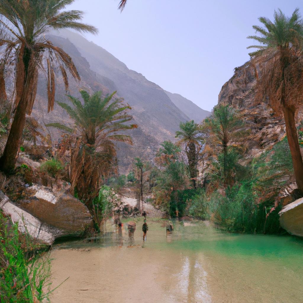 Travelers take a refreshing dip in the crystal-clear waters of the oasis.
