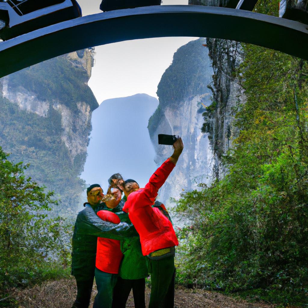 A group of tourists taking a selfie at the entrance of Tianmen Cave.