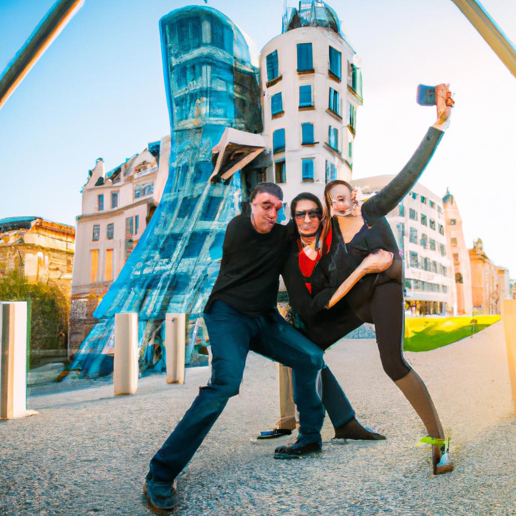 Tourists enjoying their visit to the Dancing Towers Prague.