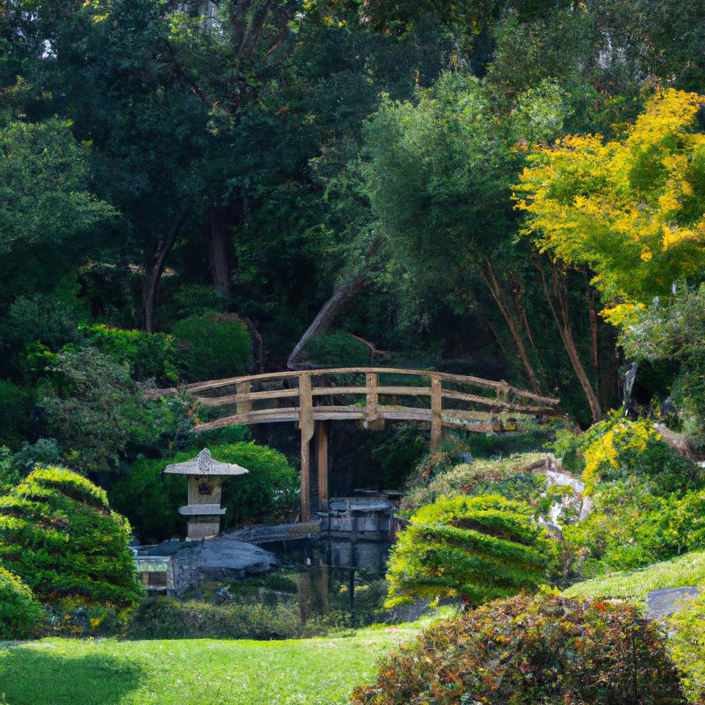 This stunning Japanese garden architecture design embodies the traditional elements of Japanese style, including a serene koi pond, a beautiful bridge, and lanterns