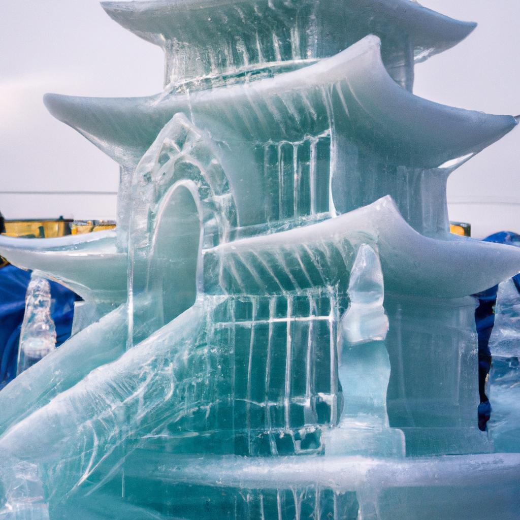 A beautiful pagoda ice sculpture in China