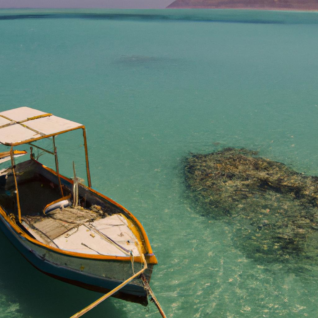 A fisherman's boat floats in the crystal-clear waters around an Iranian island.