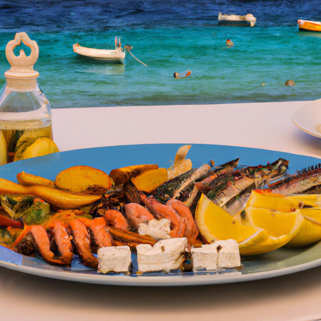A delicious plate of traditional Greek seafood dishes served at a beachside restaurant on Zakynthos island