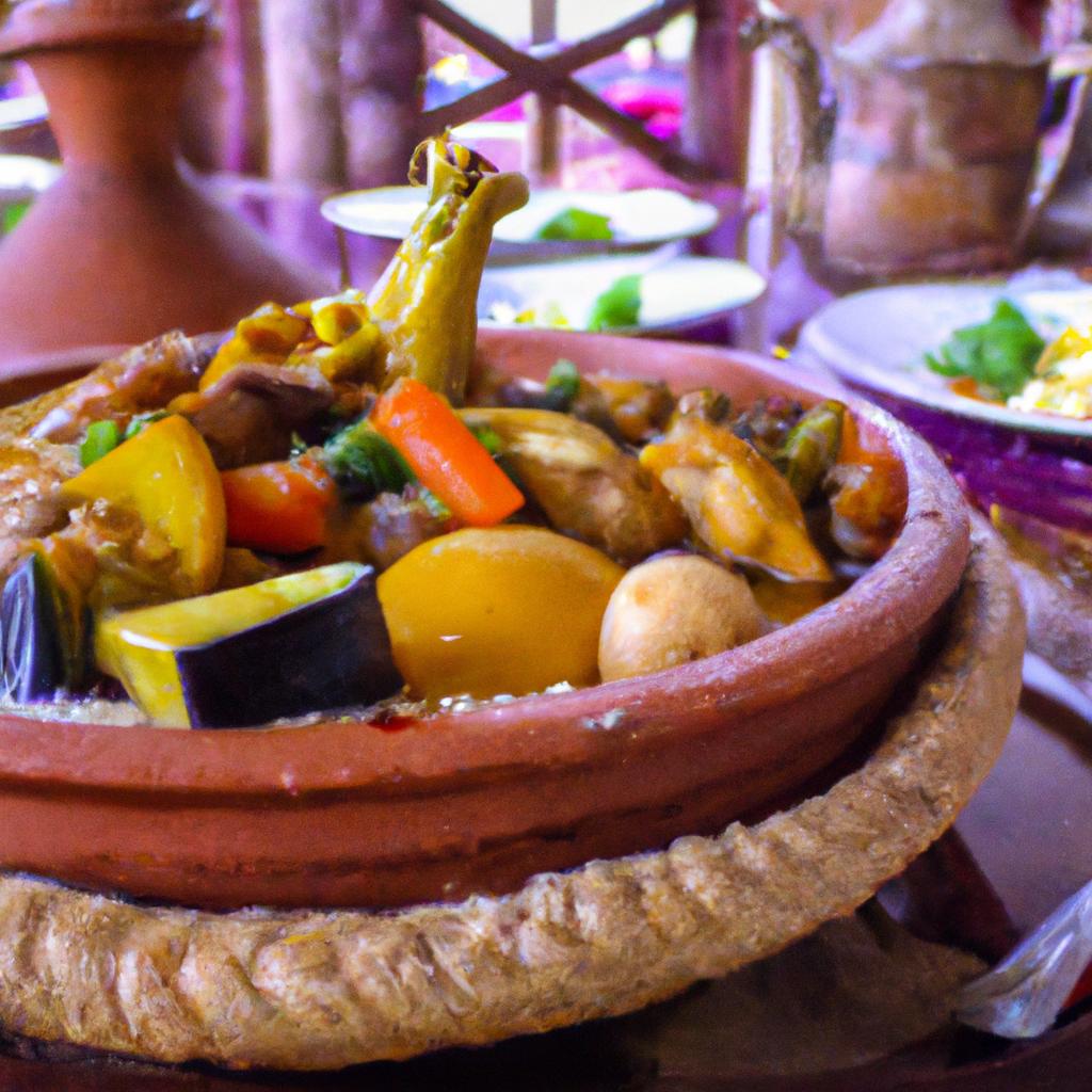 Savor the flavors of a traditional Moroccan tagine with chicken and vegetables at a cozy restaurant in Ifrane.