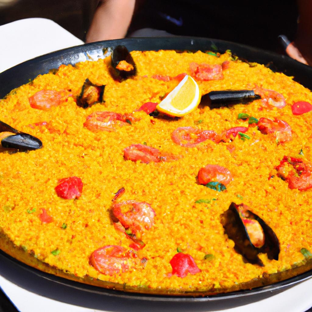 Paella is a must-try dish when in Barcelona. This plate of paella is bursting with flavor and colors.