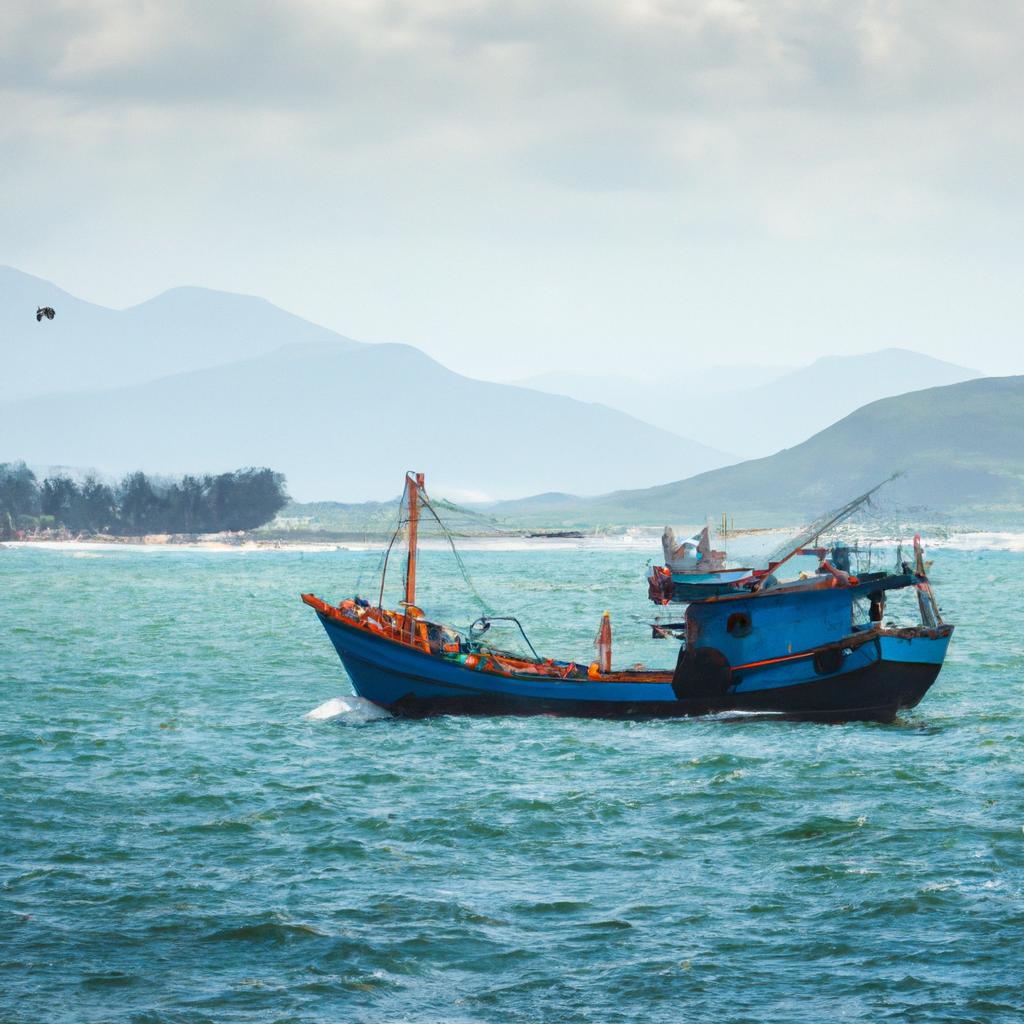 A traditional fishing boat gliding through the calm waters of Vietnam Bay