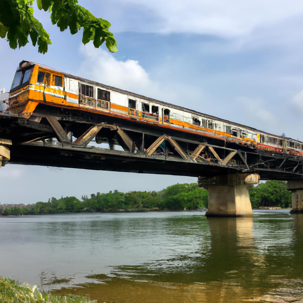 Trains crossing bridges over rivers are a common sight in Thailand.