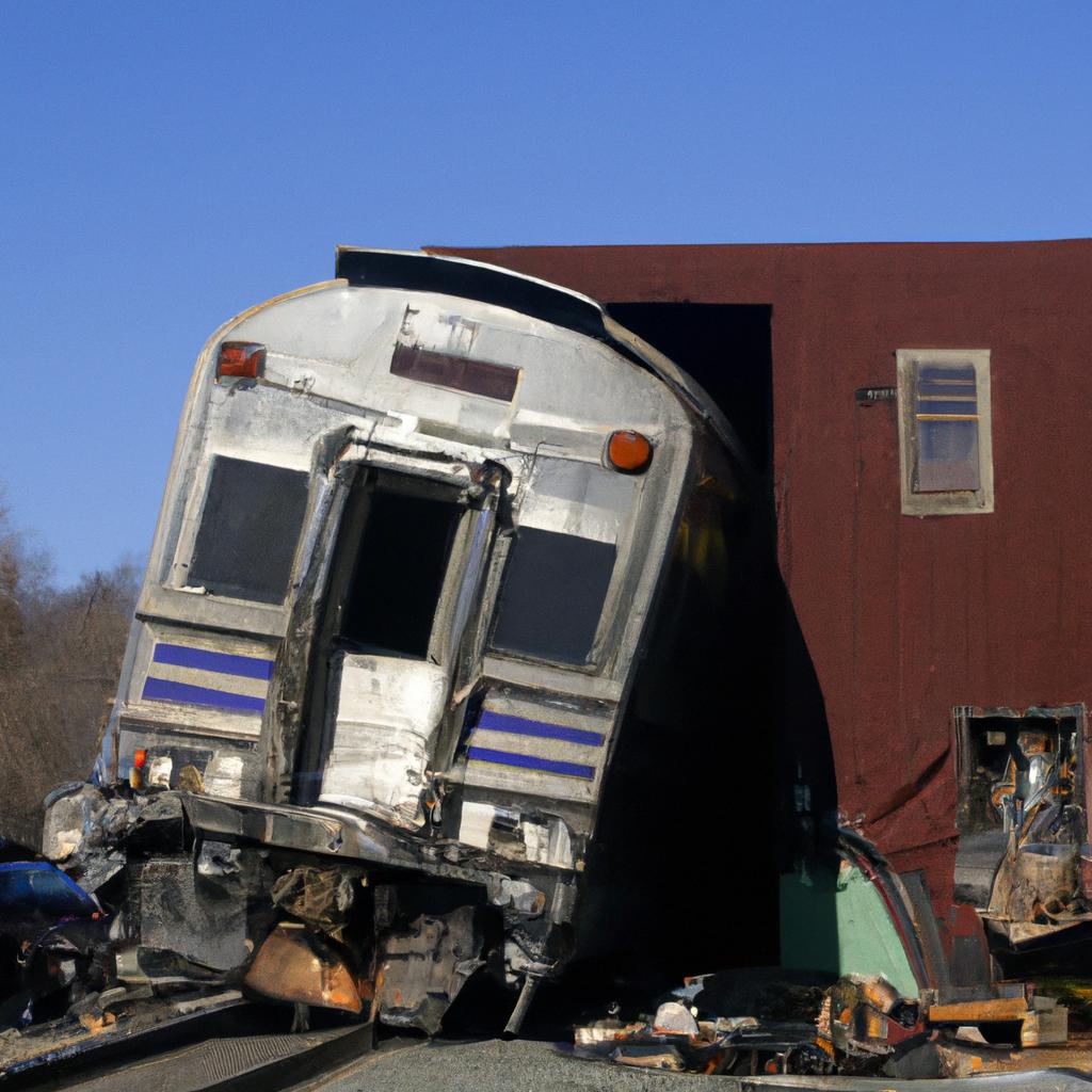 A train derails and crashes into a building, causing extensive damage