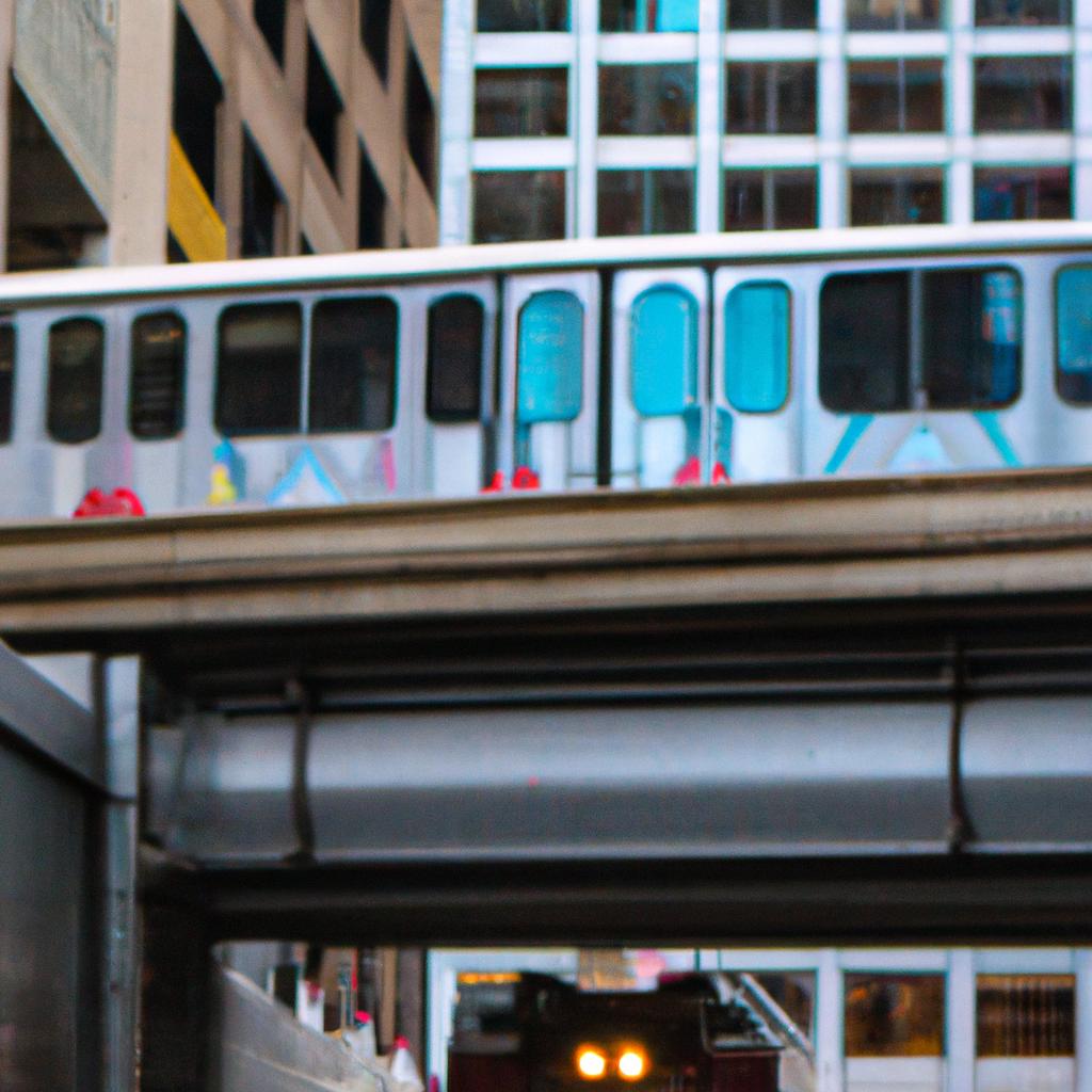 A train emerges from a building onto a busy street, surprising pedestrians