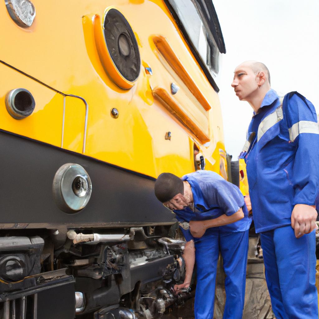 Train engineers conduct routine inspections on the locomotive engine