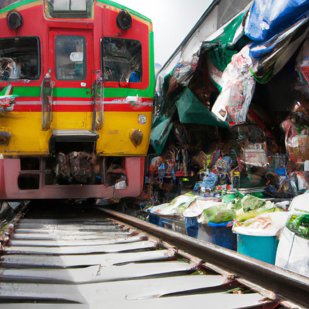 The Maeklong Railway Market in Bangkok where the train passes through vendors' stalls