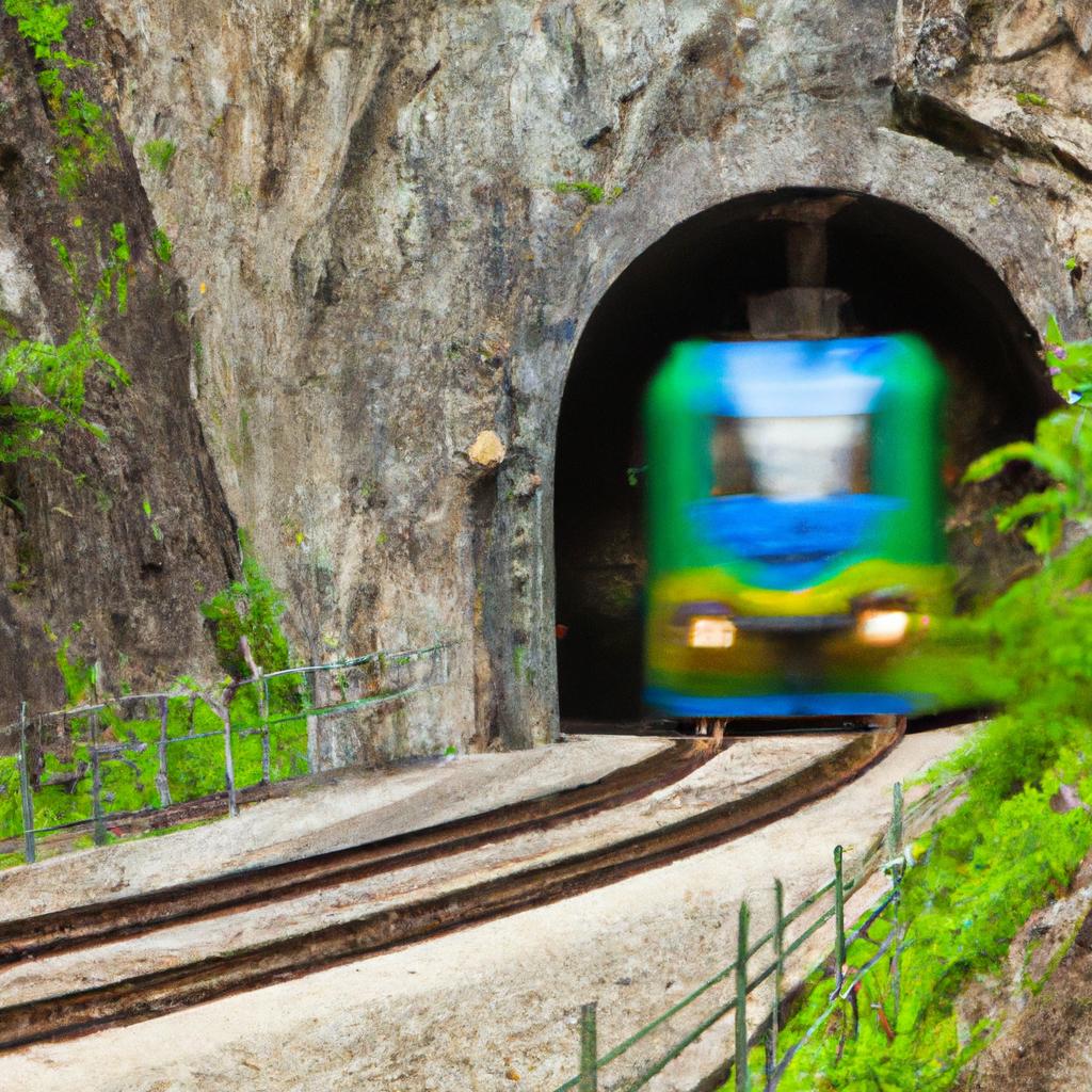 A train travels through a tunnel in the mountains as part of its journey