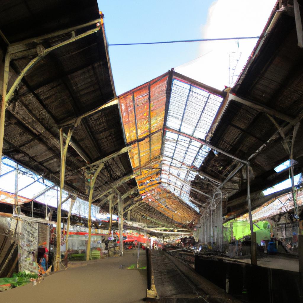 A train station is located right in the heart of the bustling market in Bangkok