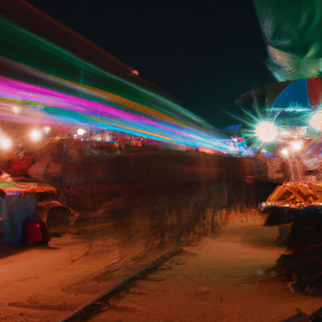 Train through market in a vibrant night market.