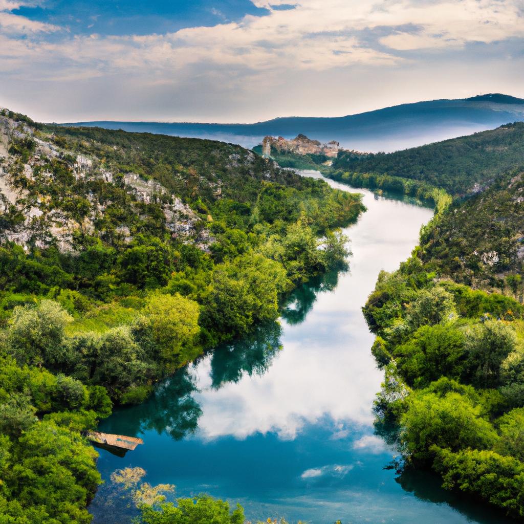 Tranquil view of River Cetina meandering through the Croatian countryside.