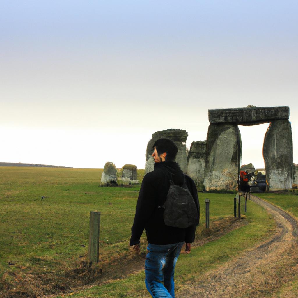 A traveler walks towards the entrance of Stonehenge, ready to explore the ancient site.