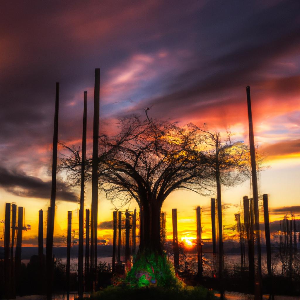 The Tree of Life in Seattle glowing in the warm sunset light