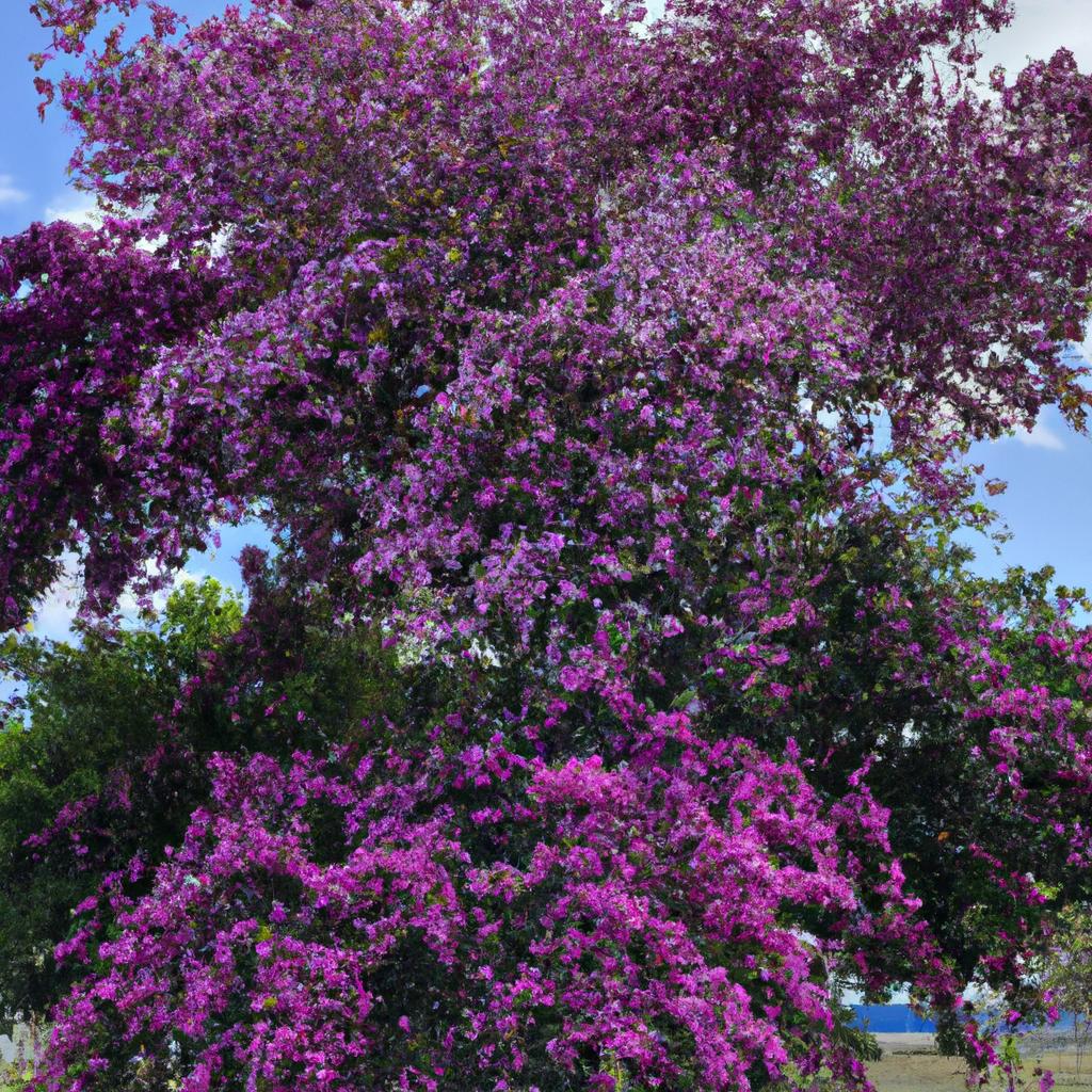 The vibrant purple leaves of this tree contrast beautifully with the pink flowers it produces