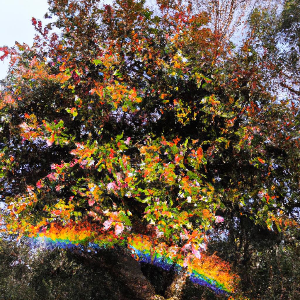 The leaves of this tree showcase a stunning array of colors that resemble a rainbow