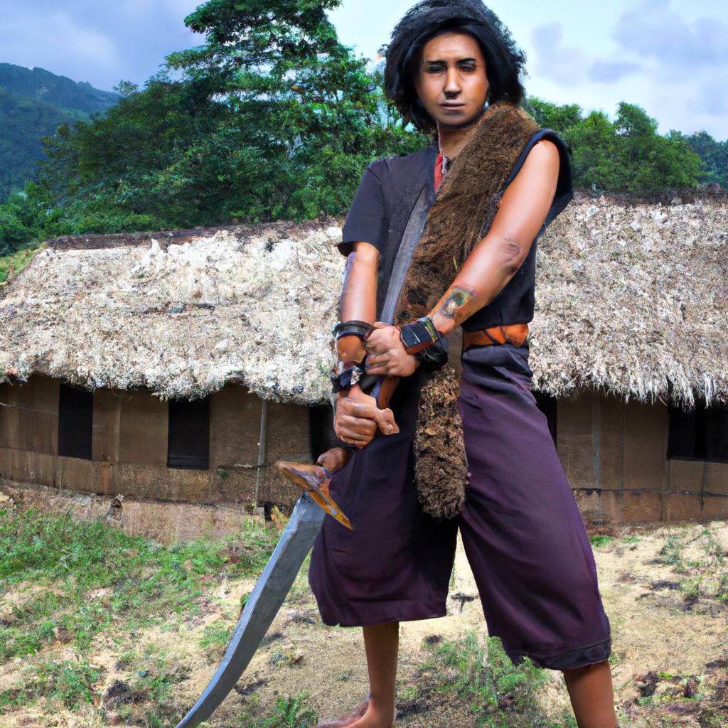 A Sentinel Island tribe member holding a traditional weapon.