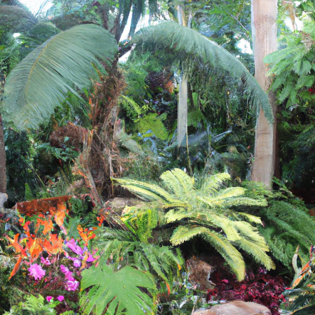 A tropical garden with palm trees and exotic flowers