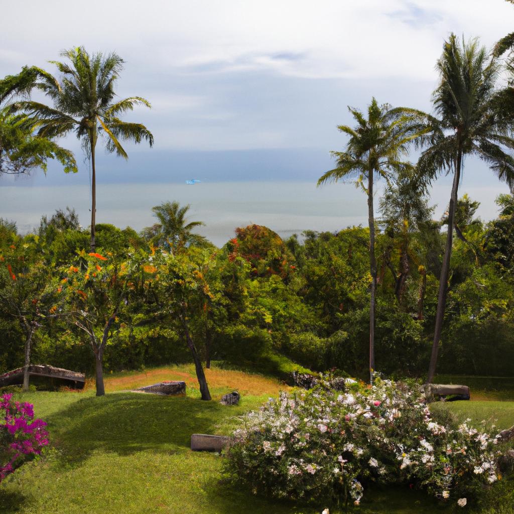 A tropical paradise garden with palm trees and exotic plants, overlooking the breathtaking ocean
