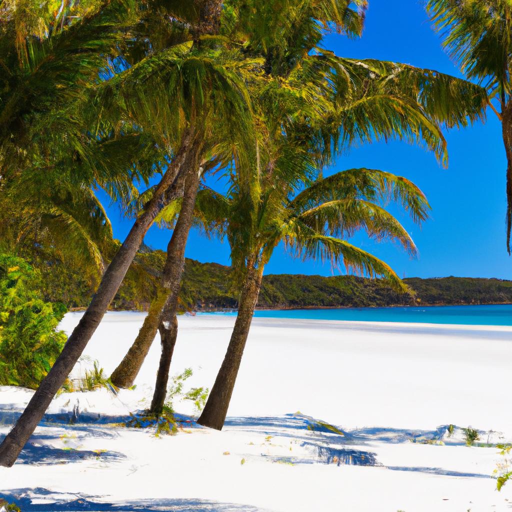 The tropical palm trees on the white beach in Australia