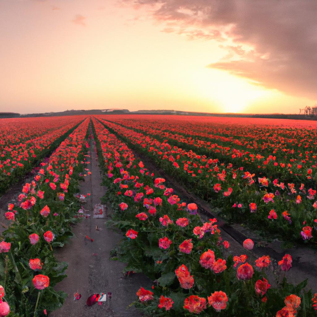 The warm hues of the setting sun complement the vibrant colors of the tulips