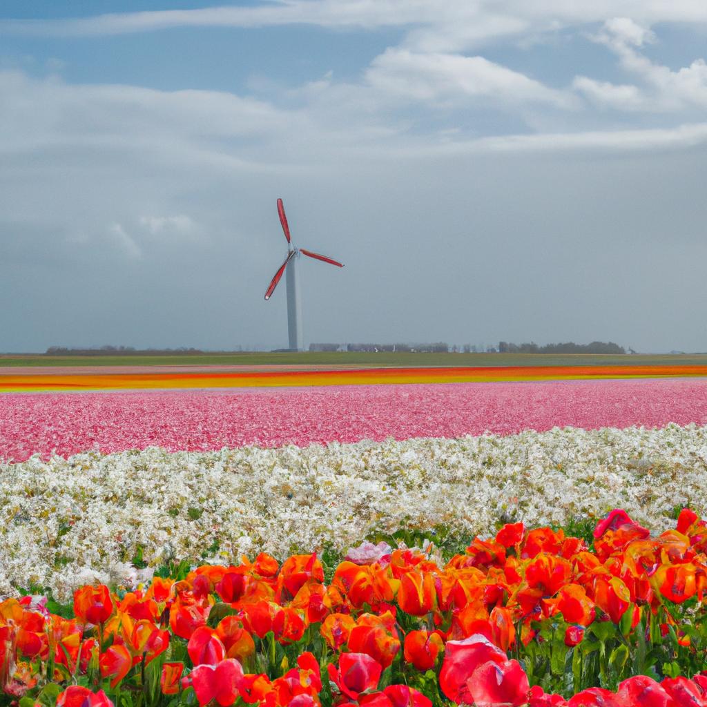 The iconic windmills add a touch of Dutch charm to the picturesque tulip flower field