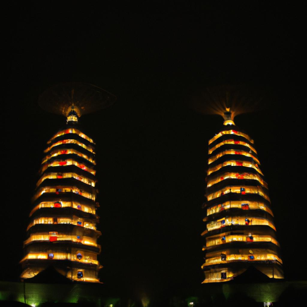 The Twin Temples in China are a beautiful sight to see at night.